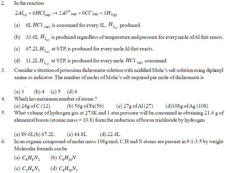 NEET UG Chemistry Some Basic Concepts MCQs, Multiple Choice Questions